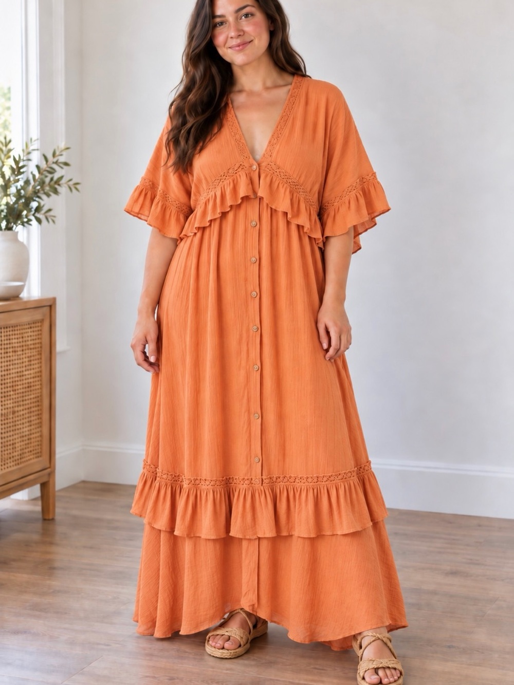 Free People Paradiso Maxi Women's Orange Button-Front Ruffle Maxi Dress